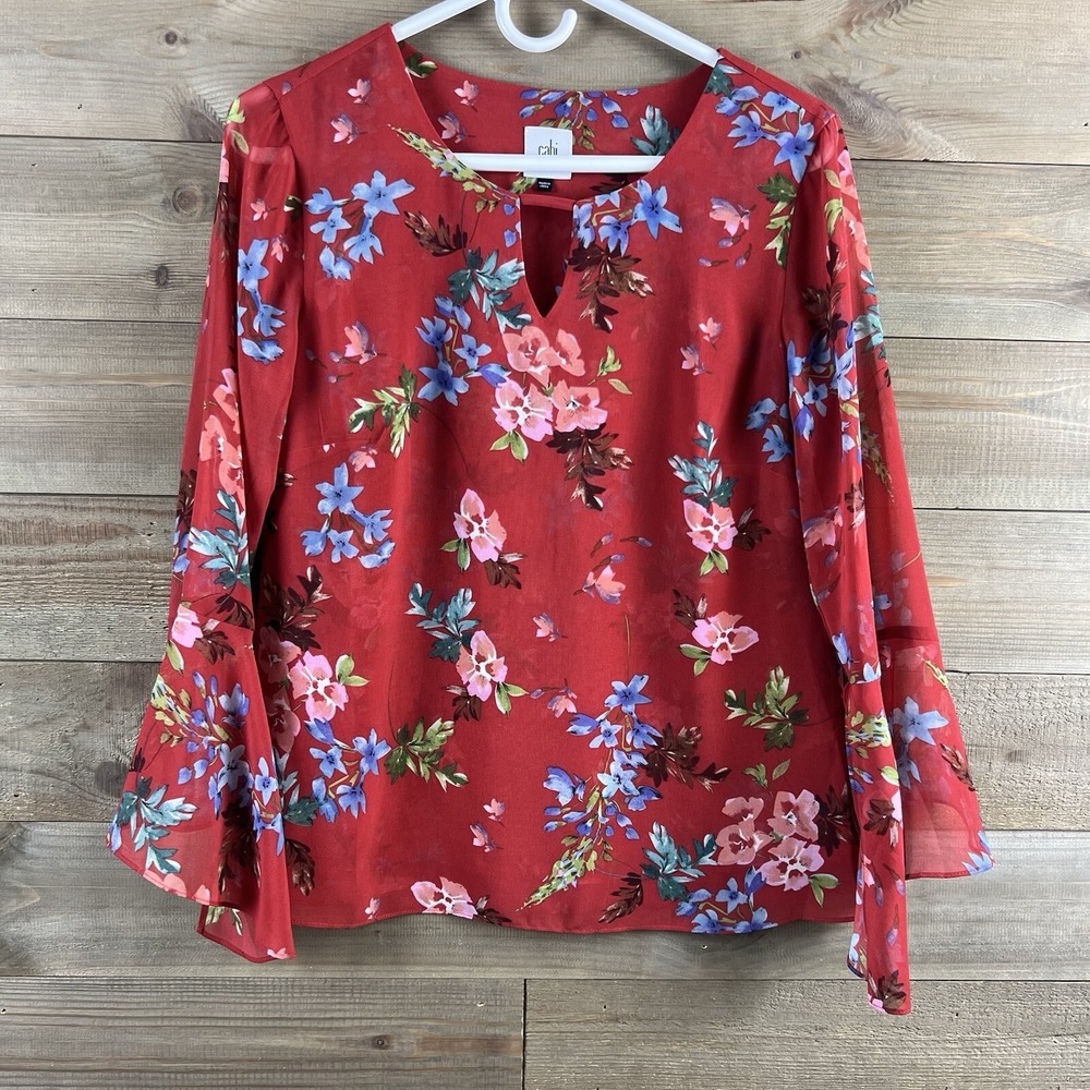 Cabi Womens Shirt Devoted Red Floral Blouse Chiffon Sheer 3590 Size‎ XS